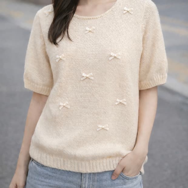 살구색 리본 반팔니트