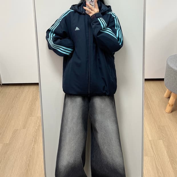 아디다스 하늘색 삼선 네이비 패딩 수트 자켓