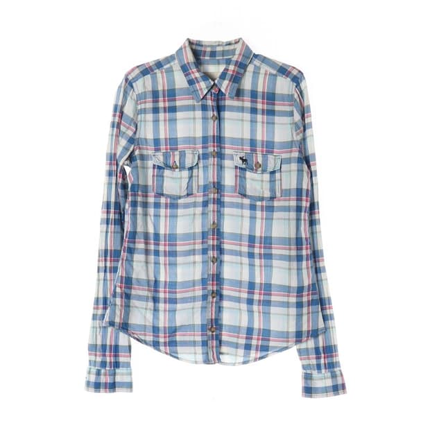 아베크롬비 빈티지 자수 로고 블루 핑크 체크 셔츠 S