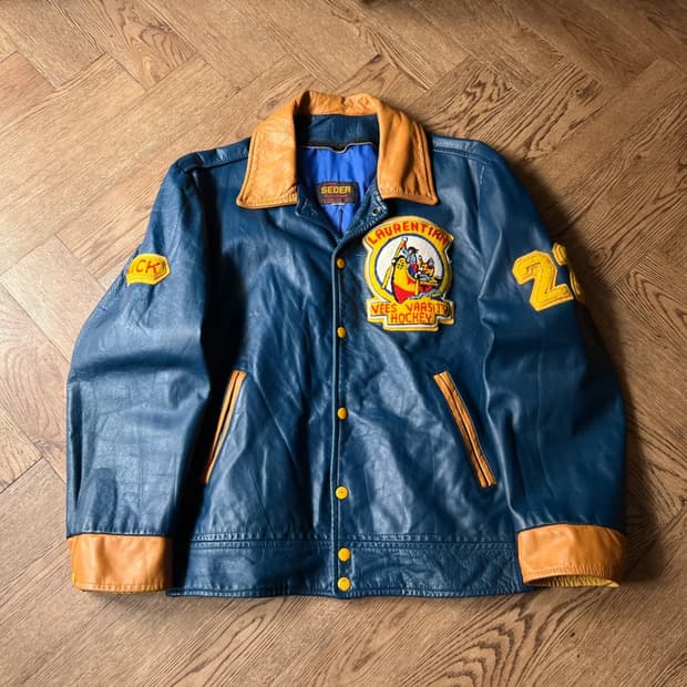 [M]90's USA 빈티지 블루 레더 하키 바시티 자켓