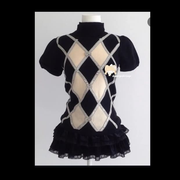 빈티지 아가일 반팔 하이넥 니트