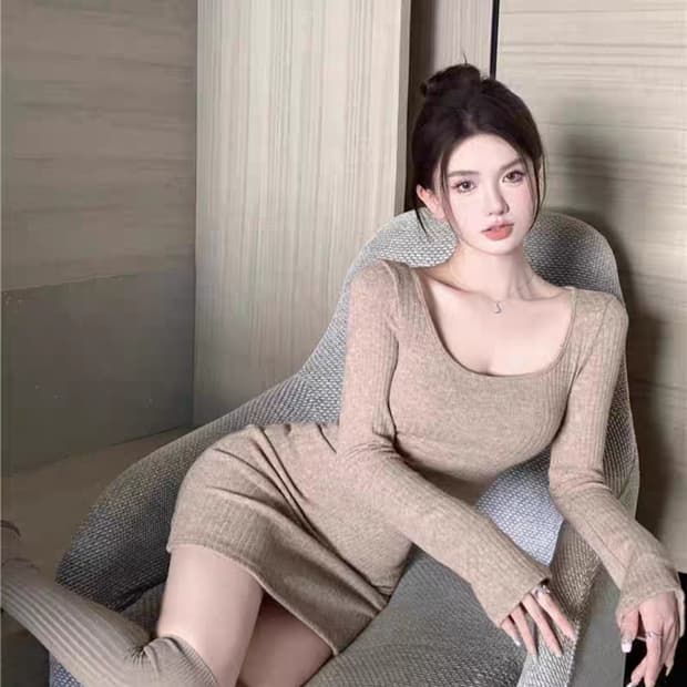 골지니트 미니원피스 라떼갸루 딱붙는티 딱붙티 로맨틱갸루 스퀘어넥나팔소매