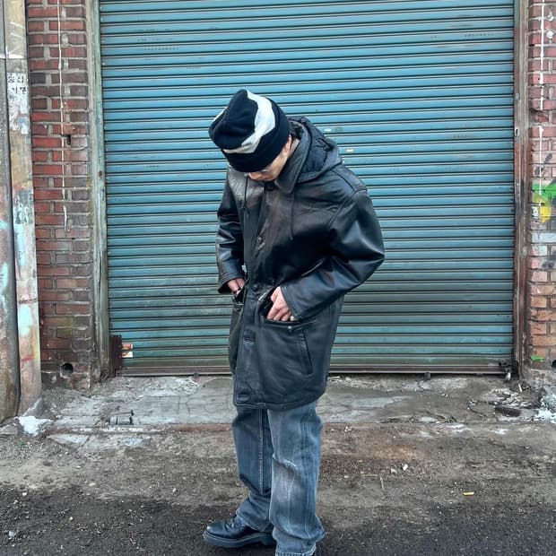 90s vtg leather hood coat (sheep skin)