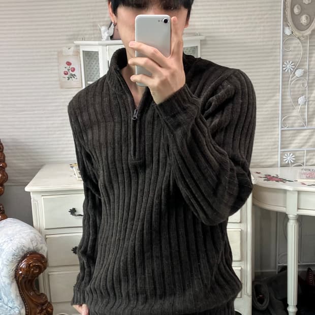 빈티지 초코 브라운 반집업 스트라이프 니트 850 y2k 스트릿 모리 갸