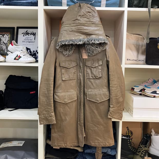 디젤 카키 퍼 후드 코팅 패딩 코트