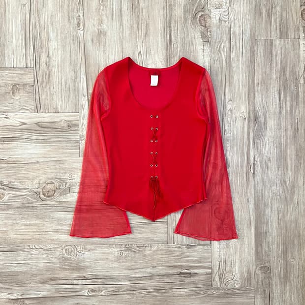 jubi 레드 코르셋 시스루 탑 