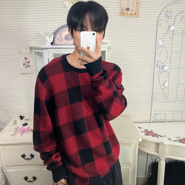 빈티지 레드 체크보드 니트 802 y2k 스트릿 갸루 펑키 일본빈티지 f