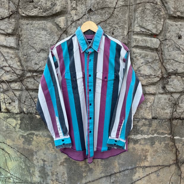 90s 랭글러 빈티지 브러쉬포퍼 페이딩 스트라이프 웨스턴 셔츠