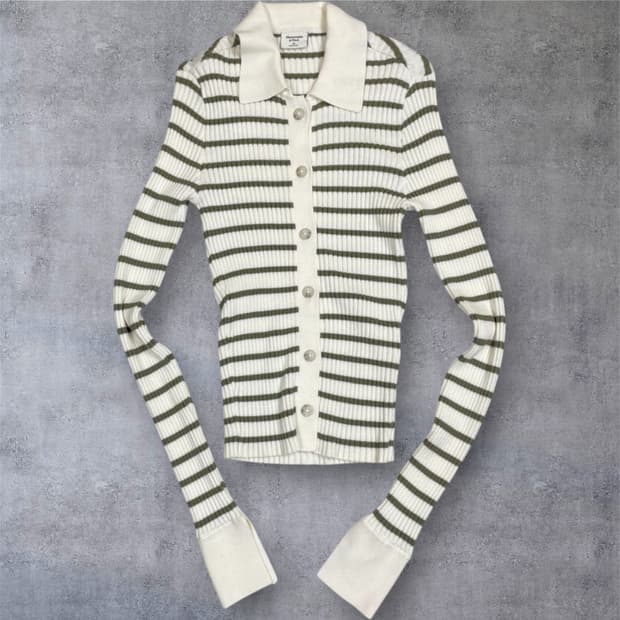 아베크롬비  화이트 그린 슬림핏 골지 카라 니트 셔츠 가디건 XS