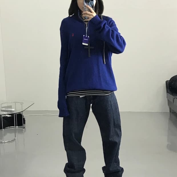 폴로랄프로렌 블루 반집업 니트