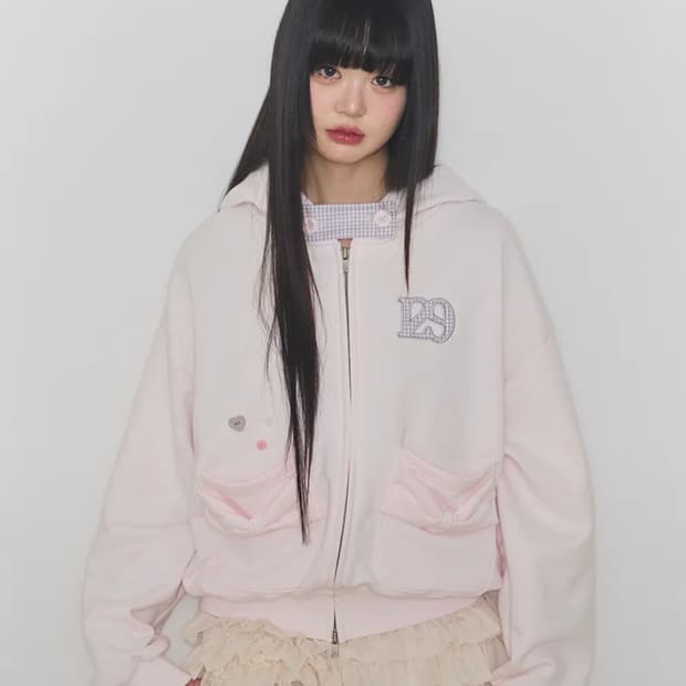 일리고 체커 보우 포켓 후드 집업 베이비 핑크