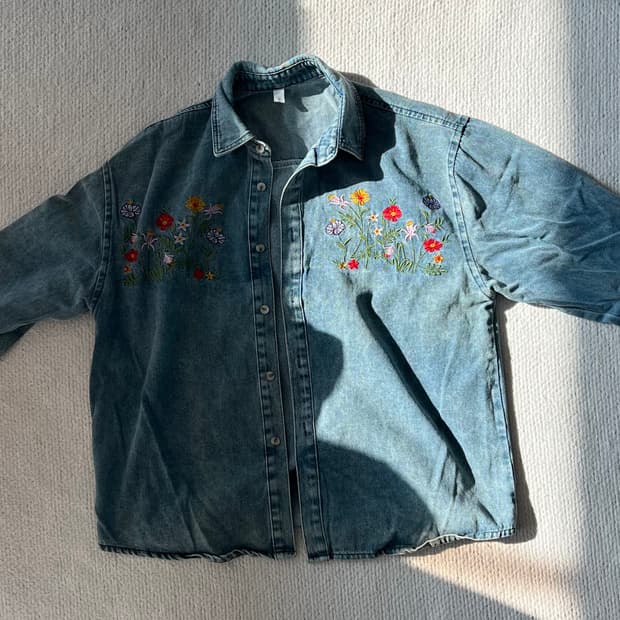 빈티지 꽃 자수 데님셔츠