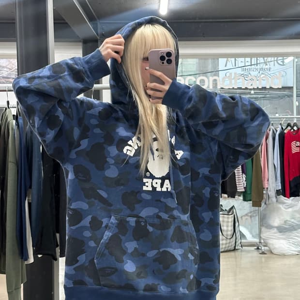 베이프 카모 컬리지 후드티 네이비 블루