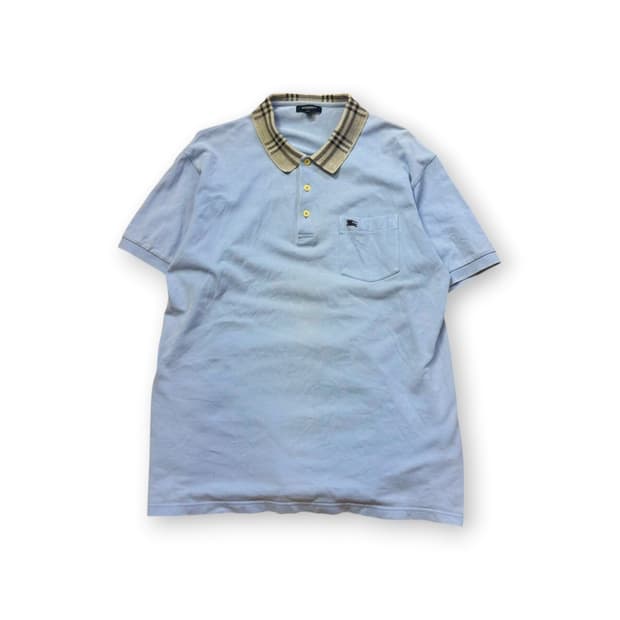 버버리 스카이블루 체크 트리밍 카라 반팔 티셔츠