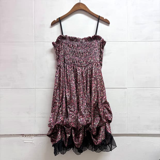 W.a.z.p 플라워 키치 벨벳 언발 셔링 캉캉 원피스 JPN