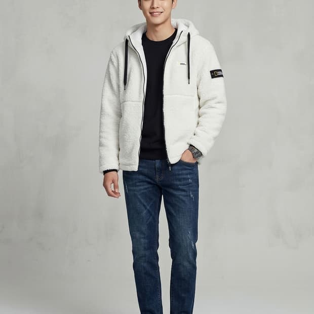 내셔널지오그래픽 플리스 후드 집업 아이보리