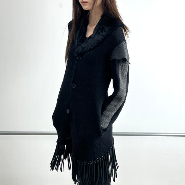 로엔 레더 프린지 울 롱코트