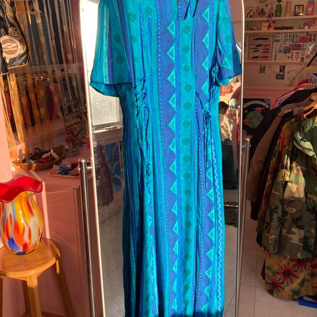 블루 패턴 에스닉 스퀘어넥 원피스