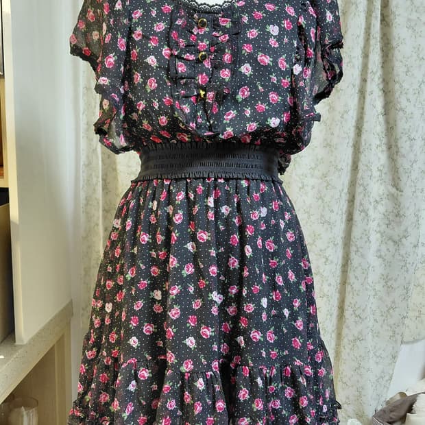 [일본빈티지] 엑시즈팜 플라워 패턴 쉬폰 미니 원피스