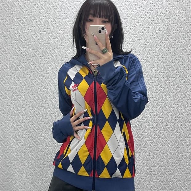 아디다스 펑크 키치 아가일 체크 져지 집업 105 C11118