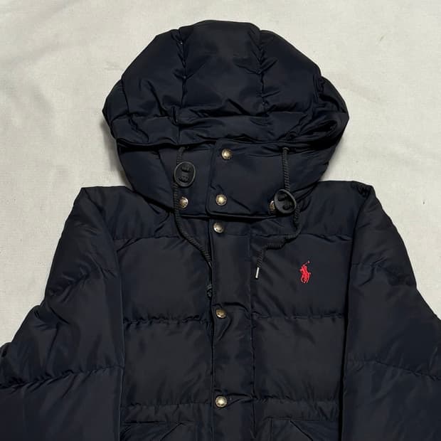 L 폴로랄프로렌 레드 포니 여성용 블랙 덕 다운 후드 패딩