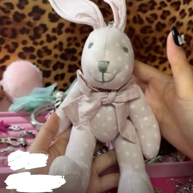 빈티지 땡땡이 연핑크 리본 토끼 키링 인형 히메카지 히메갸루 라떼갸루