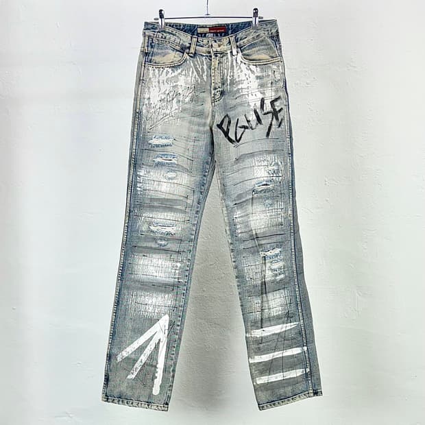 코스티 워시드 블루 스트레치 안티 페인티드 데님 팬츠