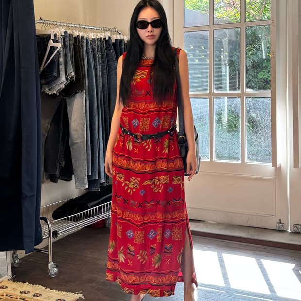 90s Stonebridge 에스닉 패턴 레이온 맥시 원피스