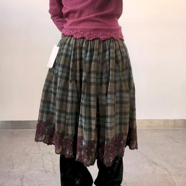 일본 빈티지 체크 레이스 사와코 미디 스커트