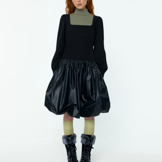 rosy balloon shirring midi dress (black)