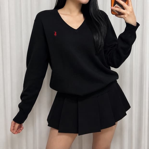 폴로 랄프로렌 레드 포니 V넥 코튼 니트 블랙