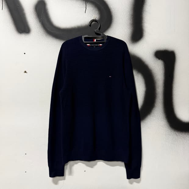 타미힐피거 원 포인트 와플 긴팔 니트 네이비