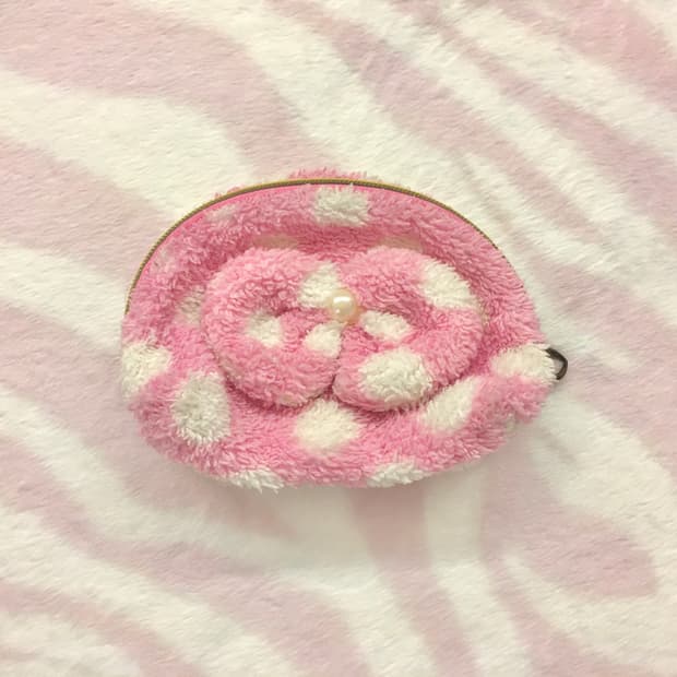 핑크 땡땡이 진주리본 퍼 파우치 갸루