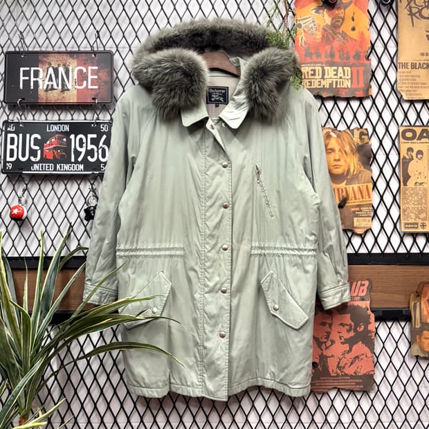 90s 버버리 폭스퍼 후드 롱파카 코트 자켓 민트