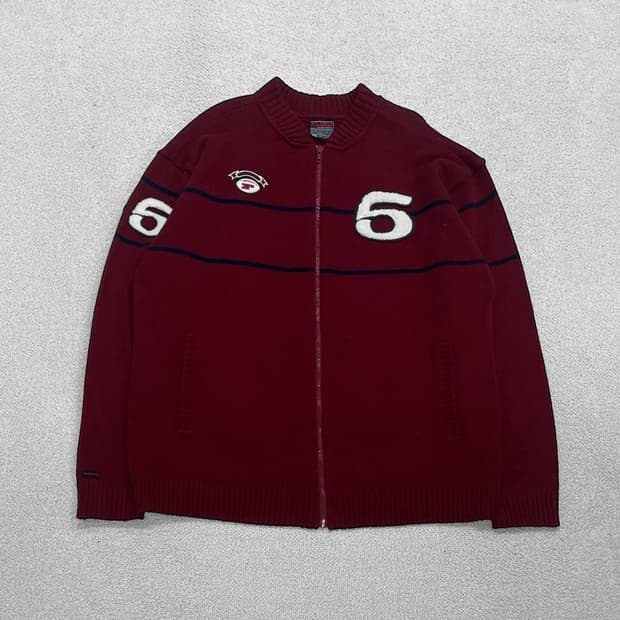 후부 Fubu 올드스쿨 6패치 니트 집업 버건디