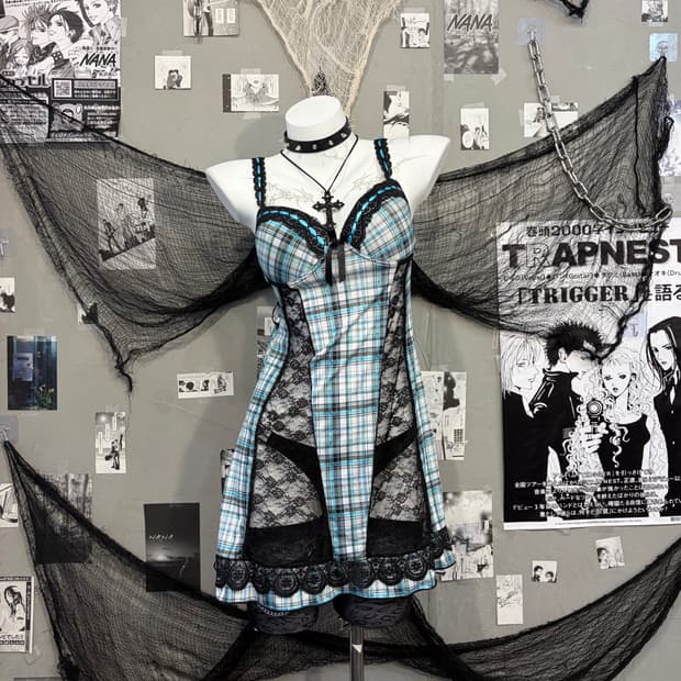 Gothic check lace sheer slip one-piece
