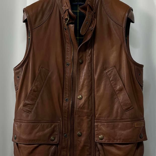 폴로 랄프로렌 카우하이드 브라운 헌팅 레더 블랙와치 베스트 자켓