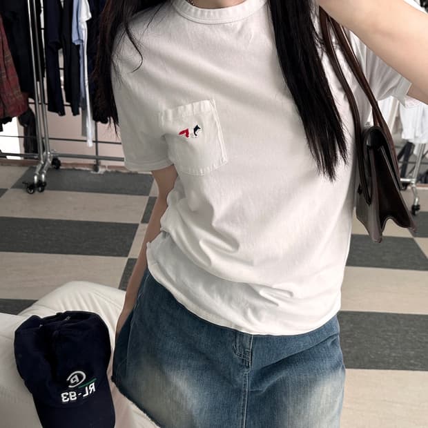 메종키츠네 트리컬러 폭스 포켓 반팔 티셔츠 