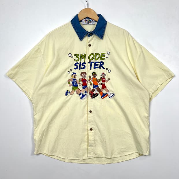 VTG 3MODE 엠브로이드 데님카라 반팔 셔츠