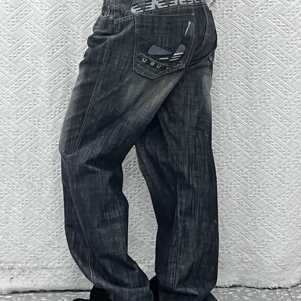 푸부 올드스쿨 보헤미안 에스닉 패턴 데님팬츠 35인치 C10164