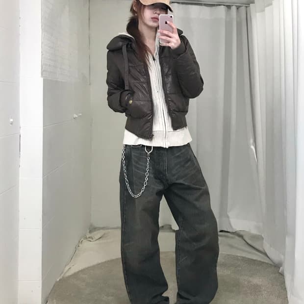 빈티지 브라운 캐주얼 슬림 스트릿 글로시 패딩 코디 세트