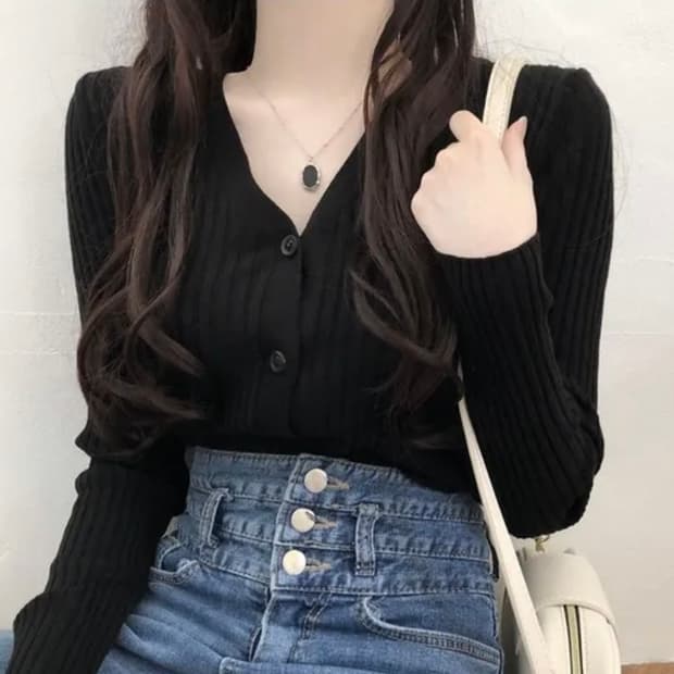 블랙 브이넥 슬림핏 가디건