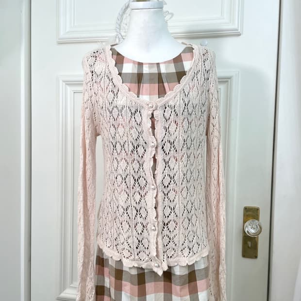 coral pearl button crochet cardigan