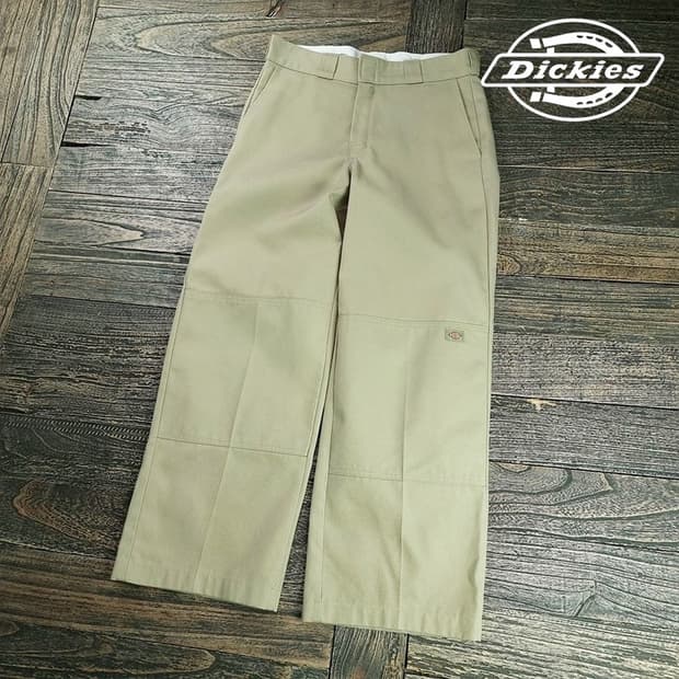 [디키즈] 로고 패치 더블니 와이드 워크 팬츠 베이지 M19834