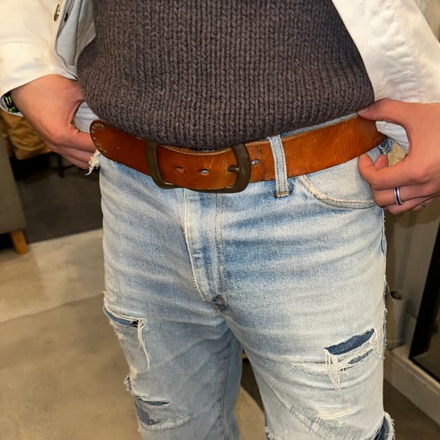 Real leather big buckle stud detail belt