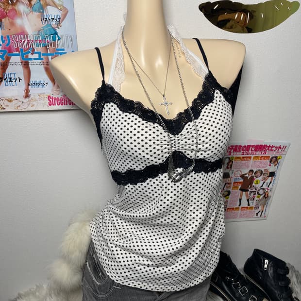 화이트 도트 레이스 나시 슬리브리스