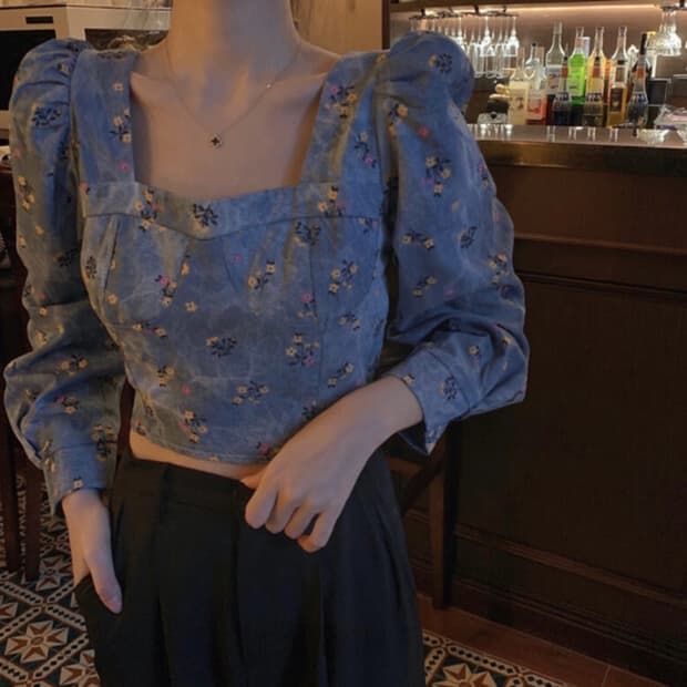 블루 플라워 블라우스 