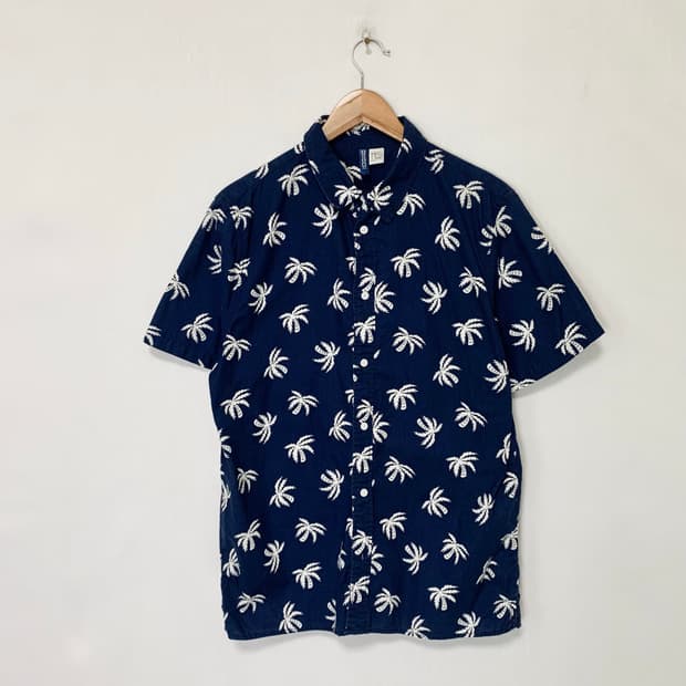 H&M 하와이안 야자수 패턴 알로하 반팔 셔츠 네이비 남성 M 남녀공용