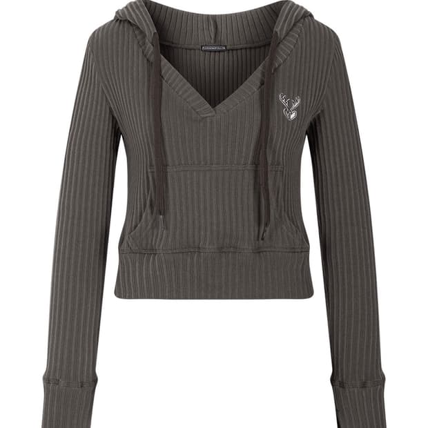 플리즈노팔로우 플노팔 Deer Ribbed Crop Hoodie Top 