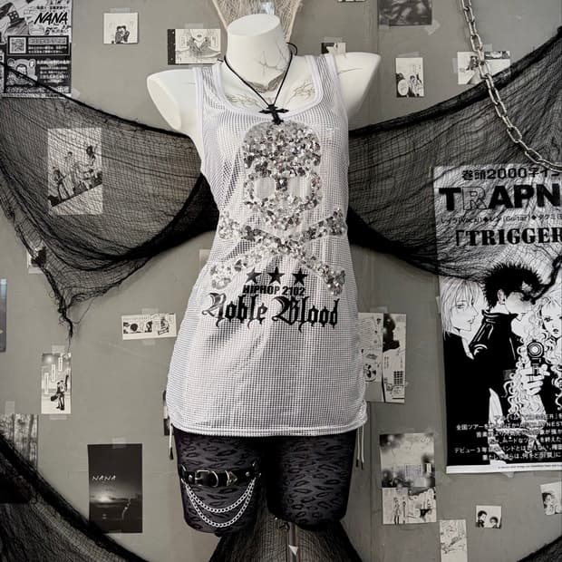 ✟ PUNK 글리터 스팽글 스컬 스파이더 슬리브리스 ✟